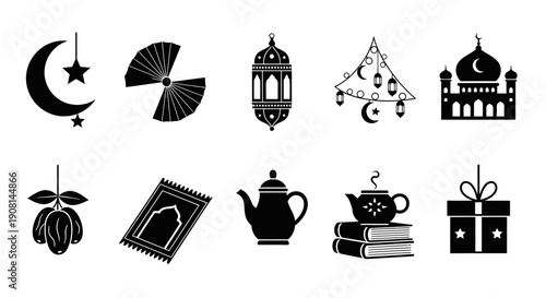Islamic symbols and objects collection in black and white.