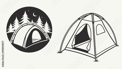 Illustration of a camping tent in a forest setting and a standalone tent