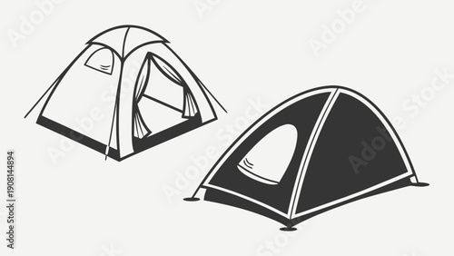 Two camping tents illustrated on a light background, representing outdoor adventure and shelter.