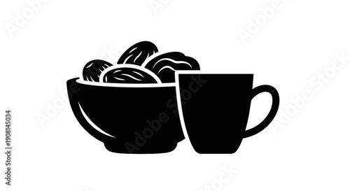 Black coffee cup and bowl with coffee beans.