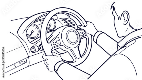 Man's hands gripping a steering wheel, focused on the road ahead.