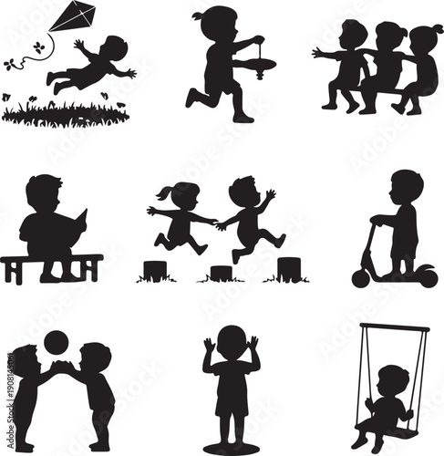 set of black silhouette illustrations of children playing and having fun