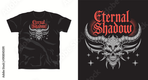 Demonic skull with large horns and sharp teeth eternal shadow red accents and stars t-shirt design