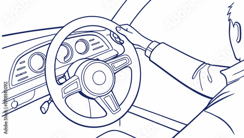 Person driving a car, hand on steering wheel, focusing on the road ahead.