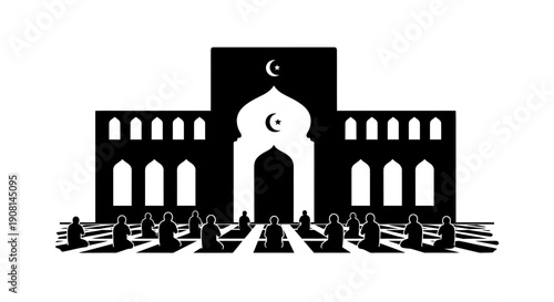 Muslims praying in front of a mosque entrance with crescent moon symbol.