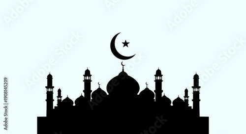 Silhouette of a mosque with crescent moon and star.