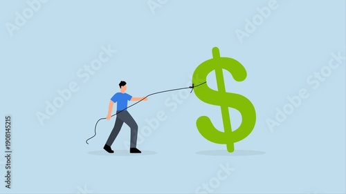 Working hard for money, 4k animation of overworked businessman pull large dollar sign from job.