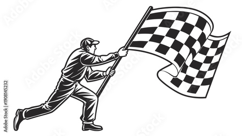 Excited racer waves checkered flag at finish line, celebrating victory and speed