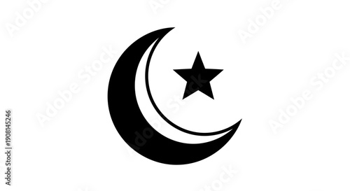 Crescent Moon and Star Symbol on White Background.