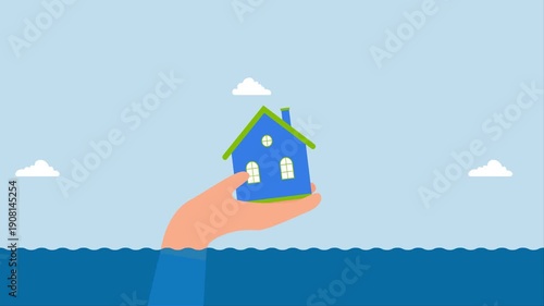 House insurance protection from disaster, 4k animation of large human hand helps protect house above flood water level from damage.