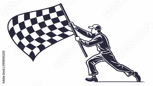 Race official waving checkered flag to signal finish line achievement and victory.