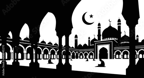 Silhouette of a mosque with crescent moon and star.