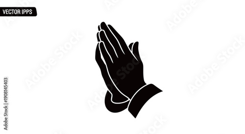 Black silhouette of praying hands on white background.