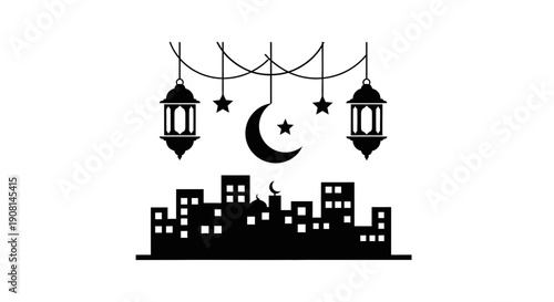 Ramadan Kareem greeting with mosque and lanterns silhouette.