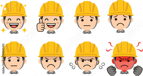 Cartoon construction worker faces various emotions yellow hardhat feelings