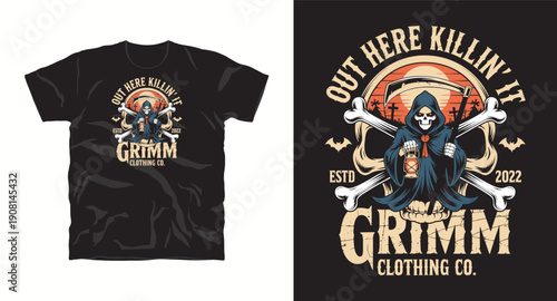 Grimm clothing co t-shirt design with grim reaper holding lantern, crossed bones, sunset, bats