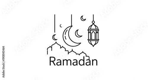 Simple Line Art Illustration of Ramadan with Crescent Moon and Lantern.