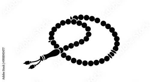 Black prayer beads with tassel on white background.