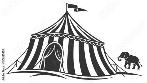 Classic striped circus tent with an elephant standing nearby under a flag