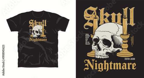 Skull and candles with gothic typography nightmare design for t-shirt printing