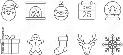 Linear vector icon set for Christmas and winter holidays featuring Santa Claus fireplaces ornaments December calendars snow globes gifts gingerbread men stockings and reindeer