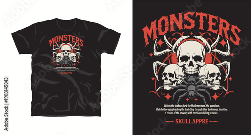 Gothic street wear t shirt design with skulls and spider in vintage horror style