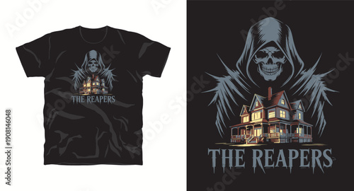 The reapers gothic street wear t shirt design with skull reaper and old mansion