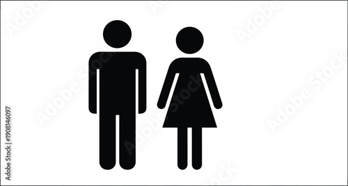 Black and white male and female restroom style icons, minimalist human figure silhouettes for gender symbol signage, public facilities, wayfinding systems, and universal design concepts
