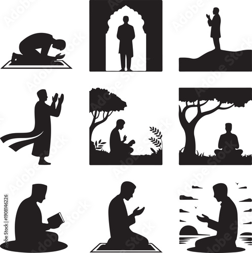 Silhouette of a man in various prayer and meditation poses  Muslim man in different situations