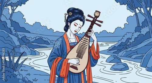 Chinese woman playing Pipa traditional instrument by river vector design