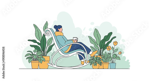 Woman Relaxing in Rocking Chair Surrounded by Potted Plants, Cozy Home Illustration