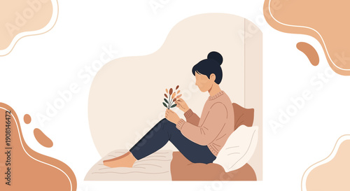 Woman Relaxing Indoors Holding Small Plant Branch