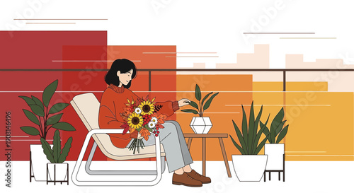 Woman Relaxing on Balcony with Autumn Flowers and Potted Plants Illustration