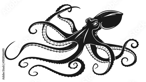 Mysterious black octopus with flowing tentacles on a white background