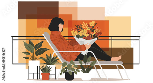 Woman Relaxing with Autumn Bouquet on Balcony, Cozy Fall Illustration