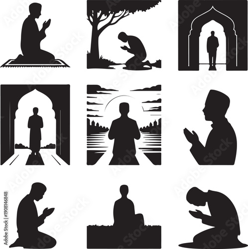 Silhouette of a man in various praying positions and locations  Muslim man at prayer