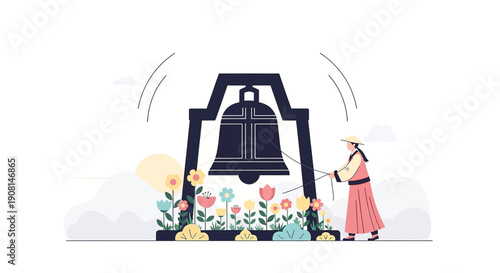 Woman Ringing Bell in Flower Garden Illustration