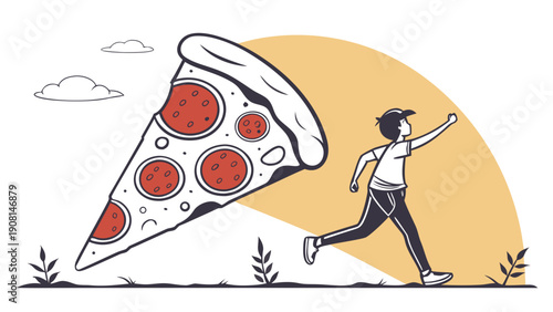 Young person chasing a giant slice of pepperoni pizza with joyful determination