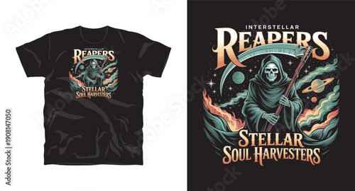 Interstellar reapers t-shirt design, stellar soul harvesters, space grim reaper