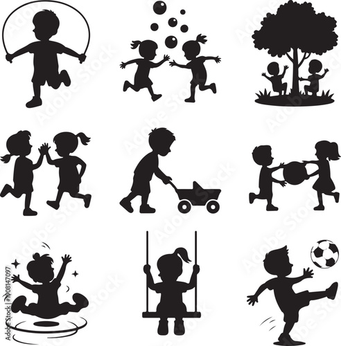 set of children playing outside and having fun in various activities