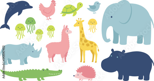 Cute cartoon animal illustration set with wild and sea animals, colorful friendly characters isolated on white background, children education nursery vector design