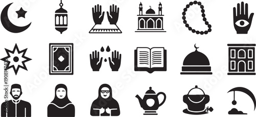 Diverse collection of black Muslim religious and cultural symbols on a clean white background