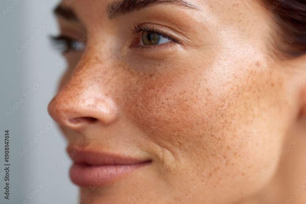 Fototapeta premium Woman's face showing natural freckles on her cheek, nose, and skin