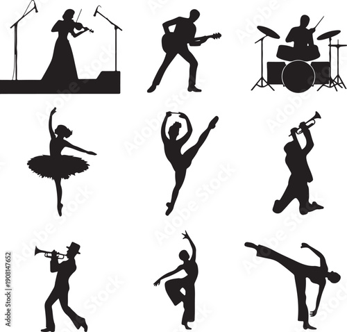 set of musicians and dancers in silhouette performing various musical instruments and dance styles