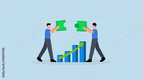 Wealth management, 4k animation of businessman wealth expert team solve money puzzle profit growth chart.