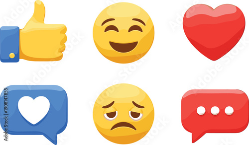 Colorful emoji including thumbs up laughing face heart speech bubbles