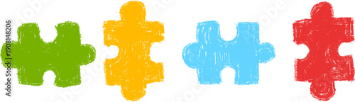 Colorful puzzle pieces in hand drawn cartoon doodle style made from pencil, marker or chalk crayon. Set scribble vector illustration elements for children book.