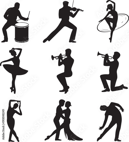 set of silhouettes of musicians and dancers performing on white background