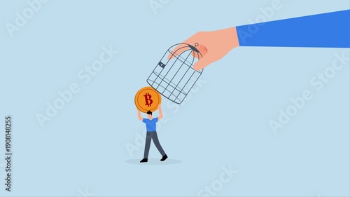 Bitcoin and cryptocurrency regulation, 4k animation of investor carrying bitcoins escaped from government cage.