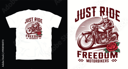 Just ride freedom motorbike t-shirt design with skeleton riding vintage motorcycle and roses